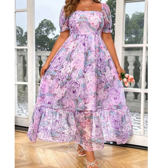 Plus Floral Print Smocked Bodice Puff Sleeve Ruffle Hem Dress - Picture 4 of 6